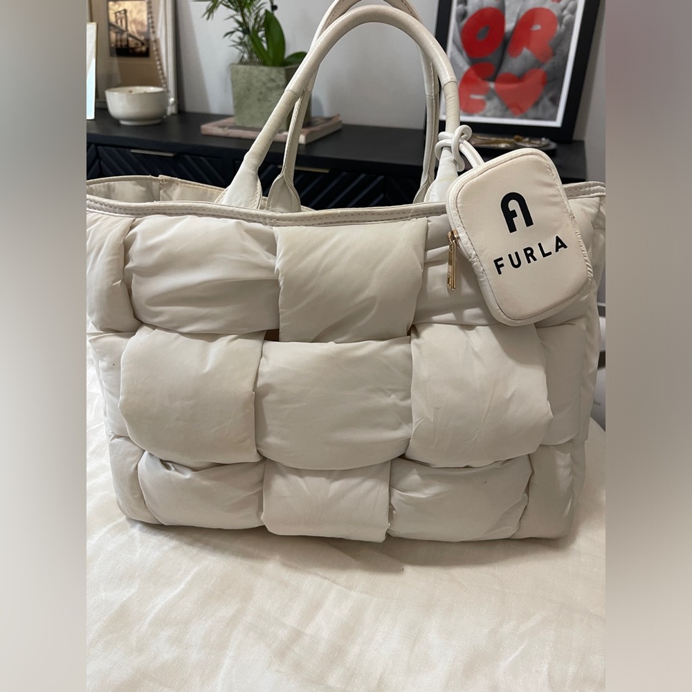 Furla Cream Quilted Tote Bag with Plush Design